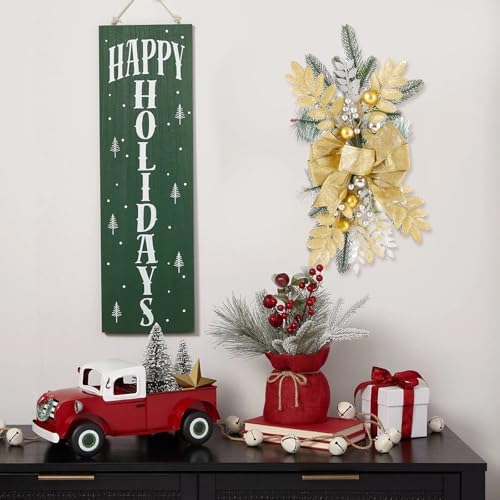 Christmas Swag Wreath for Staircase, Christmas GlitterTeardrop Decorations with Bow Swag Trim for Front Door Wall Window Indoor Outdoor (Gold, 60cm*30cm)