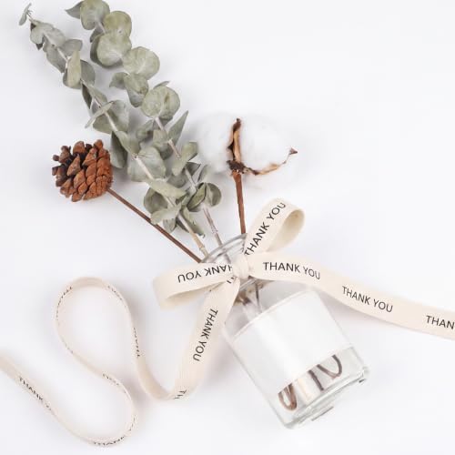 Wavwavw 20 Yards Thank You Cotton Ribbon, Natural 5/8 Inch 100% Cotton Herringbone Twill Ribbon for Crafts Gift Wrapping Holiday Birthday Decorations, 2 Rolls