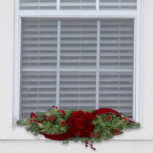 Haute Decor 28 Inch Wide Classic Holiday Window Swag PRE-LIT with Energy-Efficient LED Lights - Battery Operated Timer with Automatic On-Off
