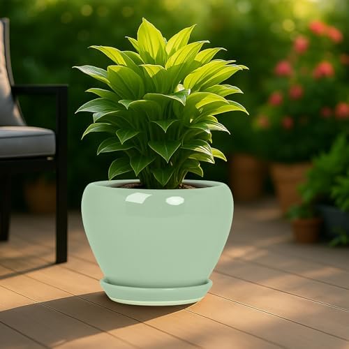 Deep Dream 10 Inch Plant Pot- Ceramic Planter Pot Round Plant Pots for Indoor Plants Outdoor Large Flower Pot with Drainage Holes & Trays, Mint Green