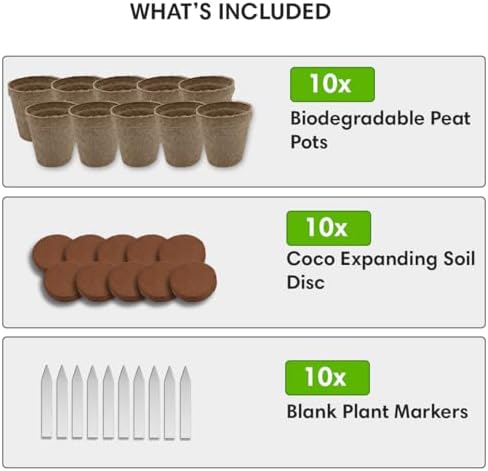 Seed Starter Kit - 10 Peat Pots, Coco Coir Discs & Markers