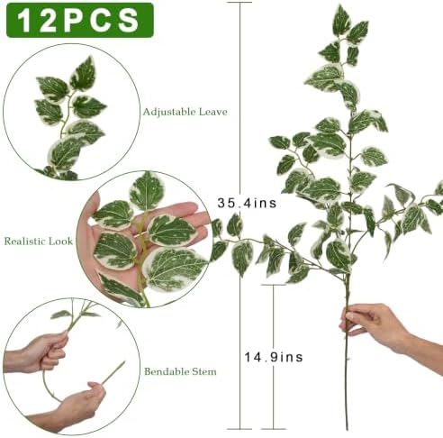 Daynight 12 Pcs Artificial Eucalyptus Leaves Stems, 35″ Long Stem Silk Plum Foliage Branches, Flexible Silk Faux Greenery for Farmhouse, Home, Kitchen and Table Centerpiece DIY Decor (12, Light Green)