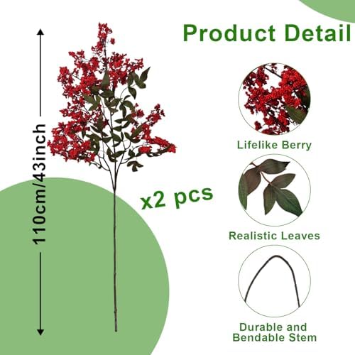 43 Inch Artificial Nandina Berry Stems for Christmas Realistic Floral Picks