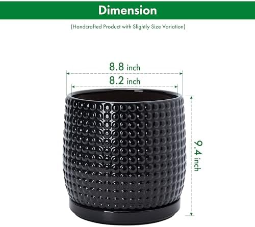 D'vine Dev Beaded Ceramic Pot with Saucer, 8 in, Glossy Black, 27-C-Q-2