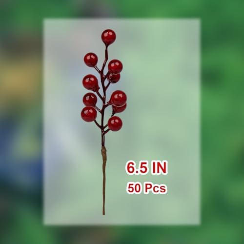 J'FLORU 50 Pack Christmas Tree Decorations 6.5 Inch Artificial Berry Stems Red Berry Picks for Xmas Winter Christmas Tree Ornaments Centerpieces Flower Arrangements