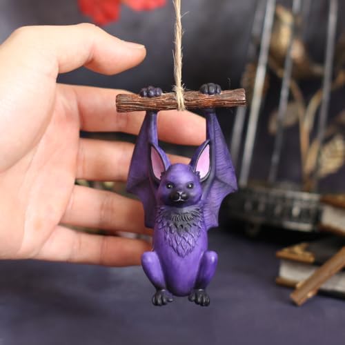 Hanging Bat Garden Statue Outdoor Halloween Decor, 3.94 Inch Cute Bat Figurine Resin Sculpture Funny Tree Ornaments for Patio Lawn Yard