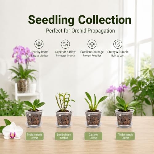 Orchid Pot -6 Pack 4 Inch Orchid Pots with Holes and Saucers, Clear Plastic Plant Pots with 8 Support Stakes and Clips, Orchid Repotting Kit for Indoor Plants