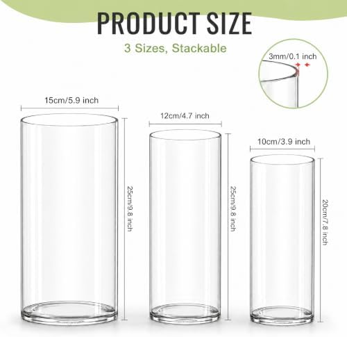 Olrla Clear Cylindrical Acrylic Vase, Set of 3, Shatterproof