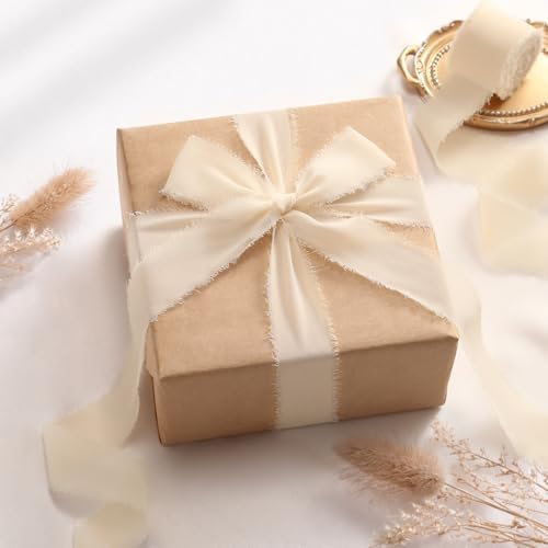 DORIS HOME Handmade Frayed Fringe Chiffon Ribbon 1" x 21Yd Ivory