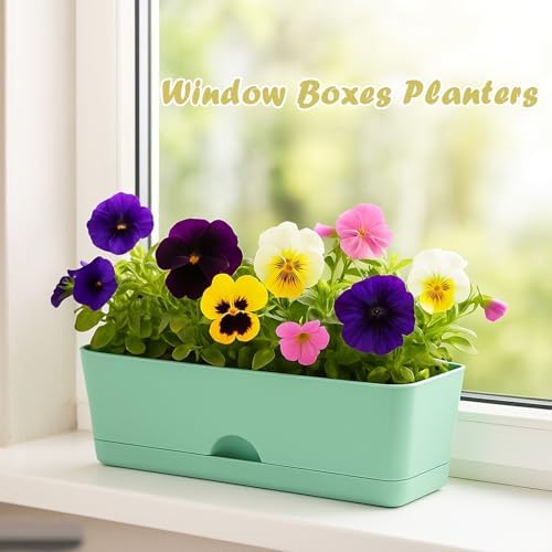 2-Pack Small Window Boxes Planters 16 Inch Rectangle Plant Box Rectangular Planter for Outdoor and Indoor Plants Plastic Windowsill Planter for Herbs Vegetable Flowers Long Window Sill Planters