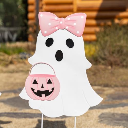 Glitzhome Halloween Ghost Yard Sign Set of 2, Cute Outdoor Ghost with Witch Broom & Pink Bow Pumpkin Outdoor Decorations, Halloween Metal Garden Stakes for Halloween Fall Autumn Lawn Decor