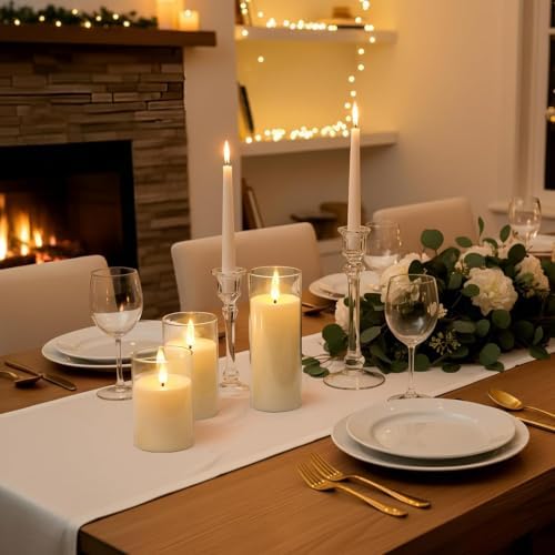 Homemory Ivory Flameless Candles, Battery Operated Acrylic LED Pillar Candles with Remote Timer, Realistic Flickering Fake Candles for Home Decor, Christmas, Wedding, Party, Set of 3