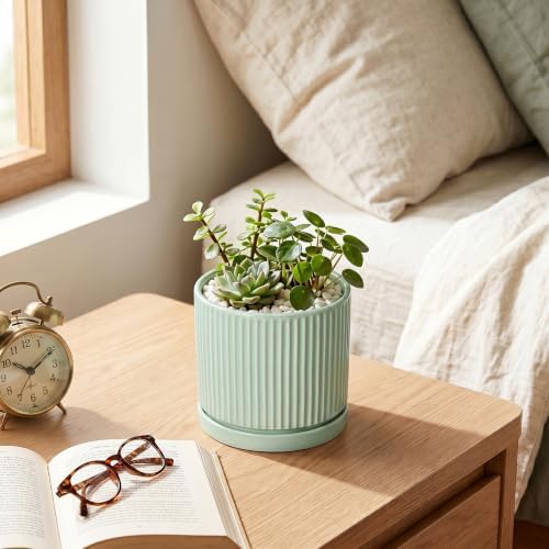 Ceramic Plant Pots, 4 Inch Pots for Plants with Tray, Mint Green