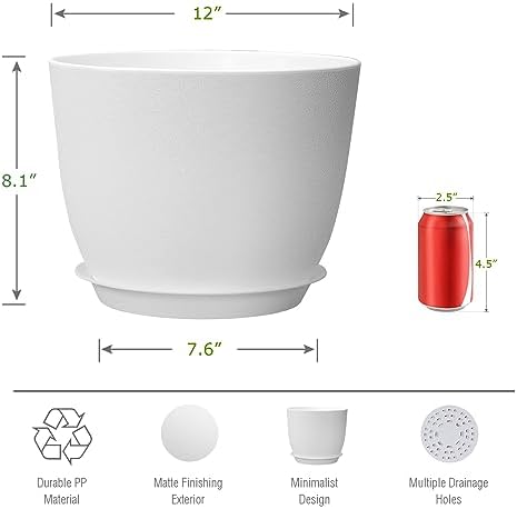 UOUZ 12inch Large Plant Pot, Modern Plastic Planter with High Driange Holes and Saucer for Indoor Outdoor Garden Plants and Flowers, White
