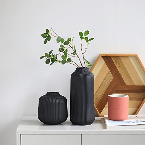 flature Ceramic Vases in Nordic Style, Modern Vase Deco for Pampas Grass, Boho Deco for Windowsill, Vases Set in Black Matt, Flower Vase as Home Decoration for Fresh Flowers, Dried Flowers, Set of 2