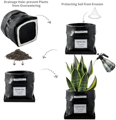 Nihow 8 Inch Ceramic Plant Pot with Drainage & Square Saucer,Black