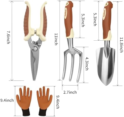 Brown Garden Tool Set 4-Piece, Trowel, Fork, Pruning Shear&Gloves