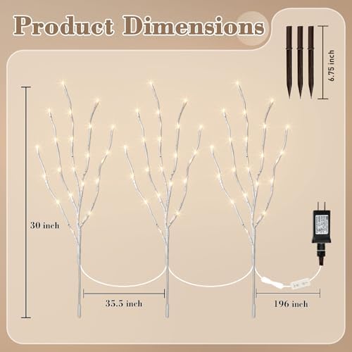 Vanthylit 3PK 30'' Lighted Birch Twig Branches with 60 LED Warm White Bulbs Waterproof Adapter in for Outdoor and Indoor Decor