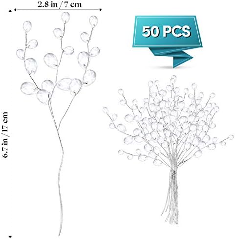 VOSAREA 50pcs Crystal Floral Picks: Flexible 3-Strand Artificial Bouquet Stems with Acrylic Bead Drops for Wedding Decor and DIY Crafts - White 6.69 Inch