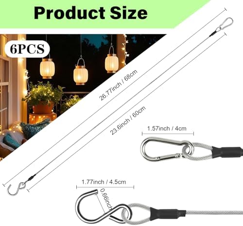 6pcs 23.6in Hanging Chain Cable with Carabiner &S Hook,88lb Load