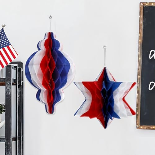 4th of July Decor - Independence Day Honeycomb Pendant Decor Red Blue and White Paper Fans Poms for Fourth of July Patriotic Decorations Wedding Graduation Independence Day 6 Count