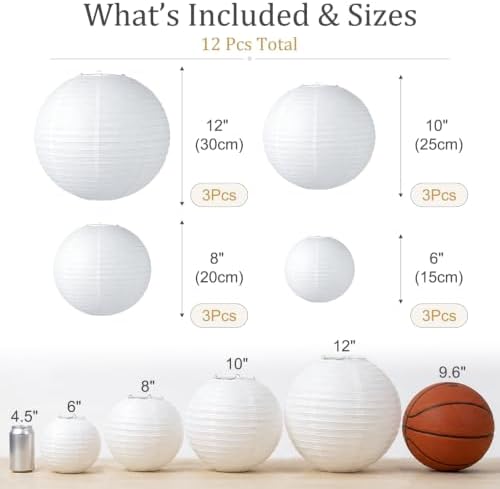 White Paper Lanterns, 12Pcs 6-12 Inch Round Hanging Party Decorations