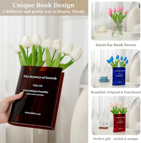 Book Vase for Flowers - Aesthetic Room Decor for Modern Home/Office，Brow