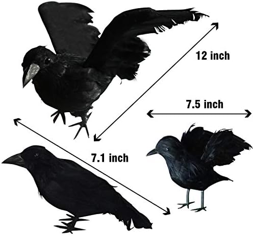 FUNPENY Halloween Black Feathered Crows, 3 Pack Black Crows with Real Feather Halloween Decoration for Indoor Outdoor