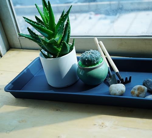 VUWEZ 2 Pack Plastic Plant Saucer, Rectangular, Indoors Outdoor, Drip Tray for Flower Pot, Windowsill (6 X 11 Inch, Blue)