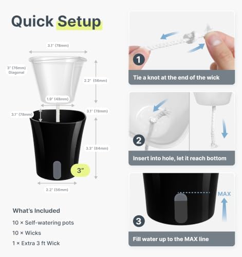 10 Pack 3" Self Watering Pots for Indoor Plants, Clear Inner Cup, Small Black Plastic Planters, Water Level Indicator, Drainage Holes, Extra 3ft Wick, Cuttings,Seedlings,Herb,African Violet