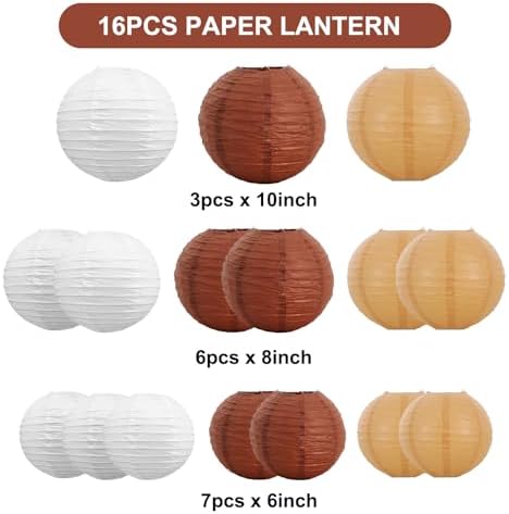 BEISHIDA Brown Mix Paper Lanterns 16Pcs 6/8/10 Inch Round Chinese Lamp
