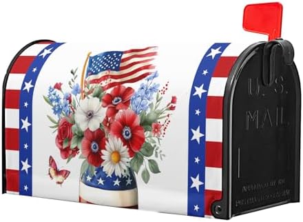 4th of July Flowers Mailbox Cover 25”x21” Independence Day Mail Box Covers Magnetic Oversized USA Floral American Flag Stars Stripes Decorative Mailbox Post Letter Cover Box Wraps for Home Garden Yard