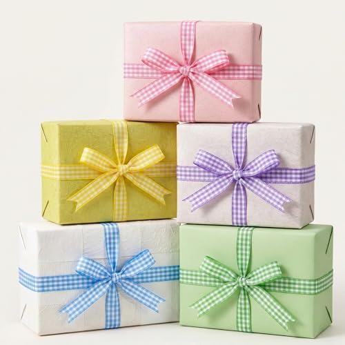 KINGLAKE 5 Rolls Pastel Gingham Ribbon - 3/8 x 50 Yds Plaid Ribbon for Easter Checkered Ribbons for Baby Shower, Gift Wrapping DIY Crafts Party Home Decor (Lt.Pink/Lt.Purple/Lt.Blue/Lt.Green/Yellow)