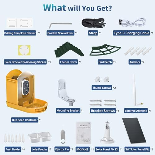 NAVFS Smart Bird Feeder with Camera Solar Powered & AI Bi rd Identification, 2.4Ghz WiFi Bird feeders for Outdoors, 2K Live Video, Instant Arrival Alerts-Green-Yellow