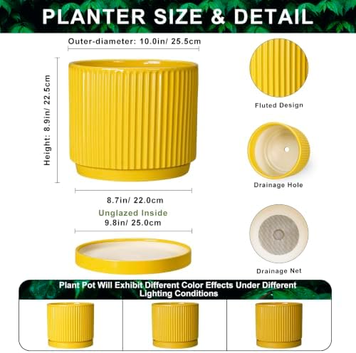 Ceramic Pots for Plants, 10 Inch Plant Pots with Tray, Yellow