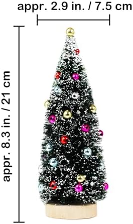 Winlyn 6 Pcs Artificial Tabletop Christmas Trees 8.3 Inch Frosted Green Bottle Brush Trees with Wood Bases Small Sisal Trees with White Snow and Ornaments for Winter Holiday Christmas Village Décor