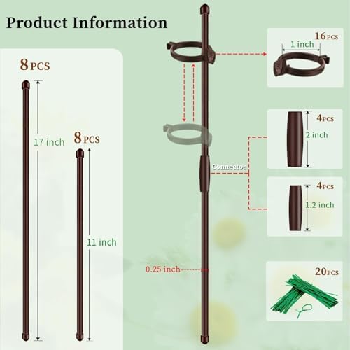 Plant Stakes 17inch &11inch SupKing 16Pcs Adjustable Flower Support Poles Orchid Sticks with Clips for Indoor Outdoor Garden Potted Tomato Rose Amaryllis Vegetables Comes with 20 Ties (Brown)
