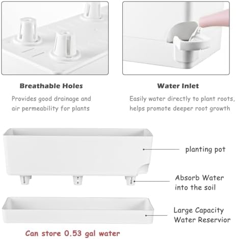 2 Pack Self Watering Pots for Indoor Plants 17 Inches Window Boxes Planters Rectangular Flower Pots Rectangle Herb Pots Large Plant Pots with Drainage Holes and Saucers Windowsill Planter, White