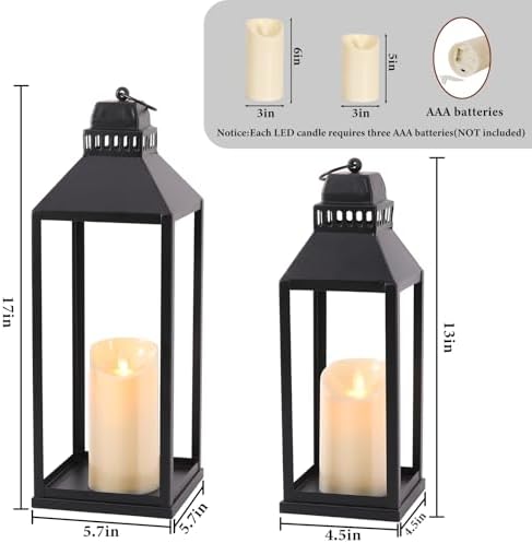 Decorative Lanterns Indoor Outdoor, 2Pcs 17" 13" Black Lantern with Candles