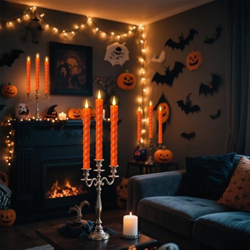 Orange Flameless Taper Candles Battery Operated with Remote Timer
