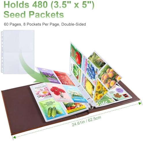 480 Pockets 3.5x5” Seed Packet Sleeves, 60 Pack Double Sided 4 Pocket Seed Organizer Sheet,Heavy Duty Garden Seeds Storage Pages for 3 Ring Binder, 8.5x11” Top Loading Clear Photo, Index Card Sleeves