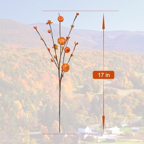 JINGHONG 18 Pack Artificial Pumpkin Picks 17” Tall Orange Berry Stems Fall Pumpkin Branches for Autumn Harvest Festival Thanksgiving Day Decor