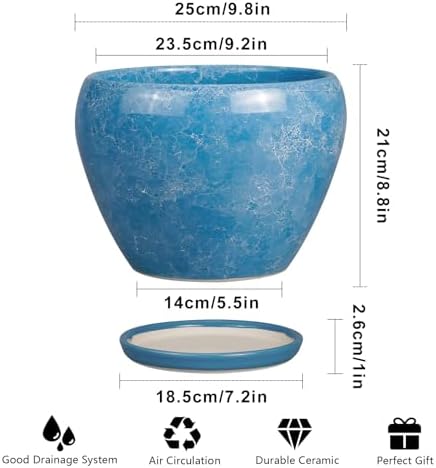 Ceramicfor 10 Inch Planter Pot, Ceramic Pots for Plants with Drainage, Blue