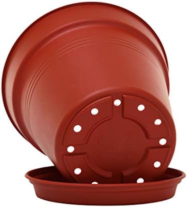 Mintra Garden Pots, 4 Pack Bulk Plastic Plant Pots with Drainage Tray, Round Indoor & Outdoor Decorative Planters with Drain Holes for Flowers, Herbs & Plants, 15cm Diameter – Burgundy, 5.9 in
