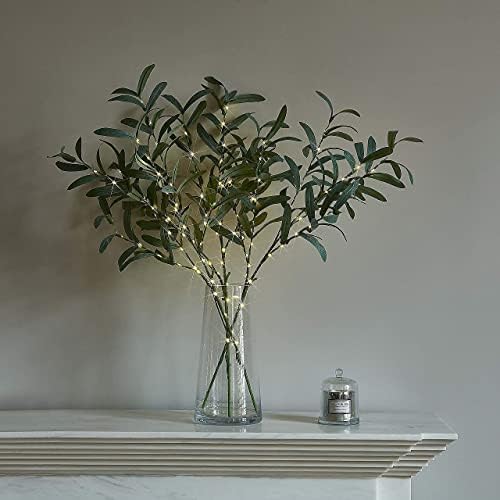 Hairui Lighted Olive Branches with Timer 24IN 72LED Battery Operated, Artificial Greenery Olive Tree Branch with Fairy Lights for Wedding Christmas Home Indoor Outdoor Decoration