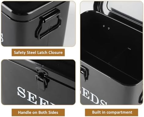 Seed Storage Organizer, T-Shape Compartment Seed Box with Safety Lock, Metal Seed Saving Box, Portable Seed Bin Container with Handle, Including 2 Pens 20 Plant Labels 50 Seed Envelopes-Black
