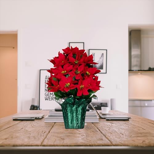 Sympathy Silks Rubys Silk Flowers - 20" Artificial Red Poinsettia Flower Bouquet – 5 lbs Weighted Pot – 20" Tall and 16" Wide – Perfect Size for Christmas Decor, Home, Office, or Memorial - 2 Pack