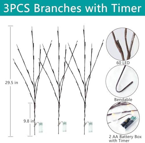 3PCS 30IN LED Lighted Tree Branches Lights with Timer, Battery Operated