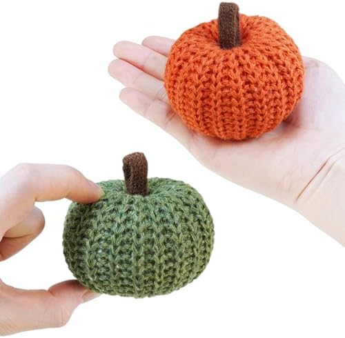 Winlyn Set of 6 Faux Fall Harvest Crochet Pumpkins in Orange, Yellow, Green, Brown, Cream Rustic Farmhouse Pumpkins for Thanksgiving, Halloween, Autumn Mantel, Table Decor