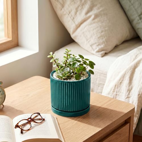 4 Inch Ceramic Pots for Plants, Plant Pots with Tray, Blackish Green